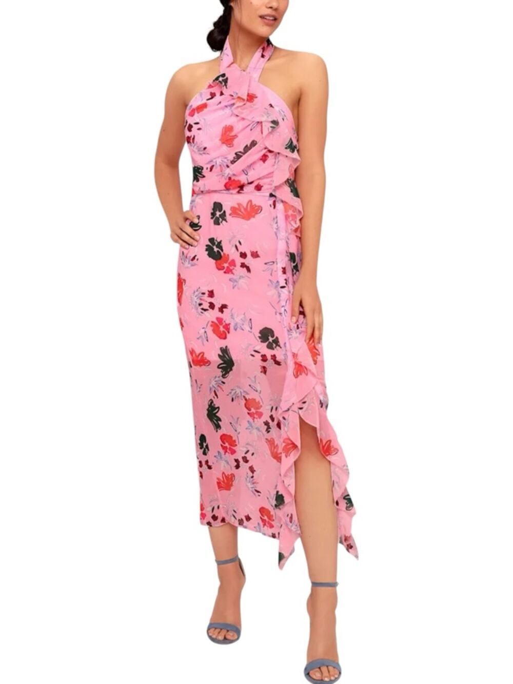 NWT C/Meo Collective Elude Pink Floral Chiffon Halter Midi Dress LARGE
